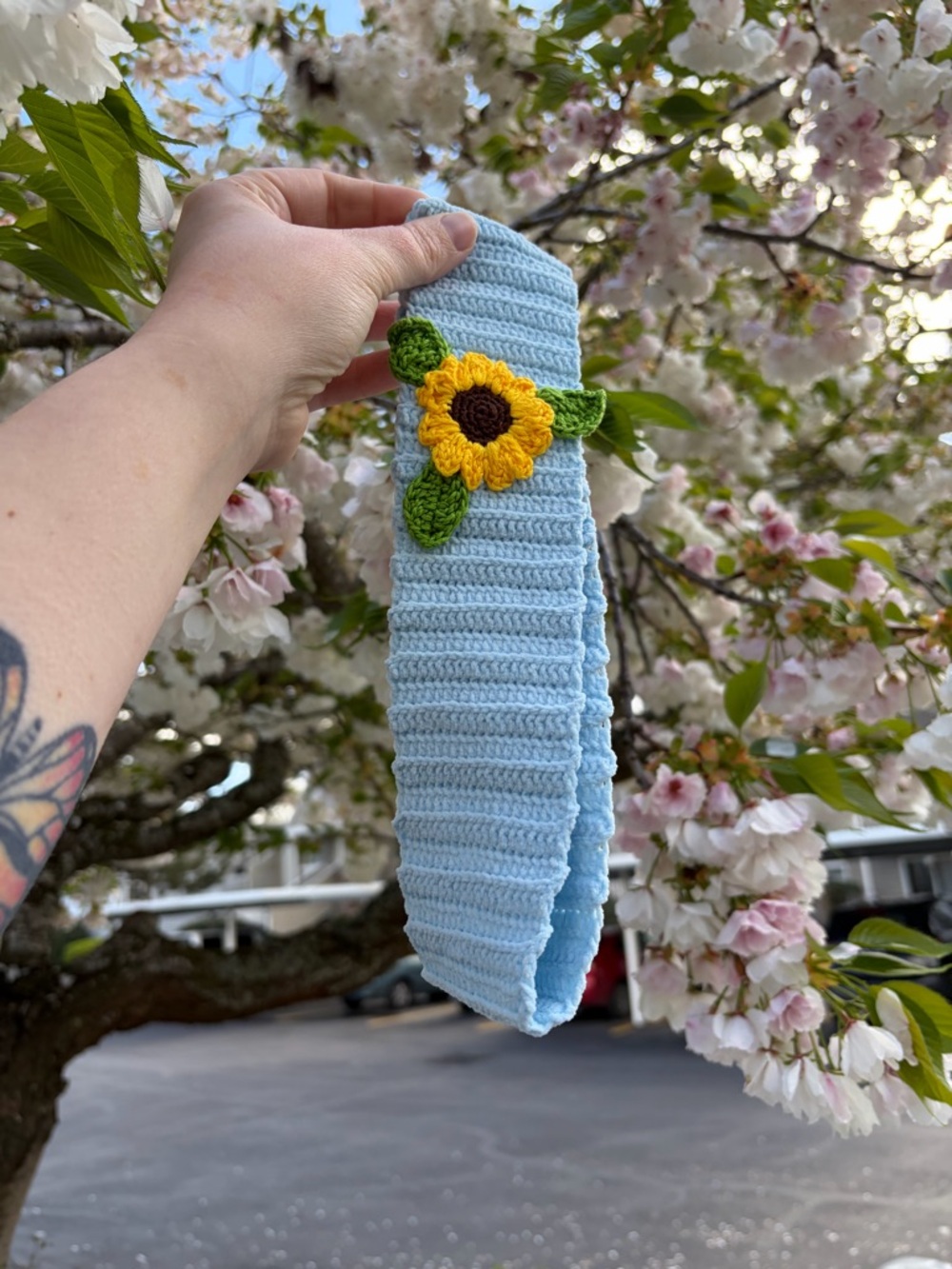 Handmade Blue Crochet Headband with Sunflower - Customizable